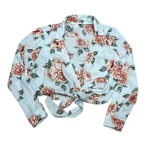 Streetwear Society Shirt Womens Large Gray Floral Tie Front Crop Top Long Sleeve